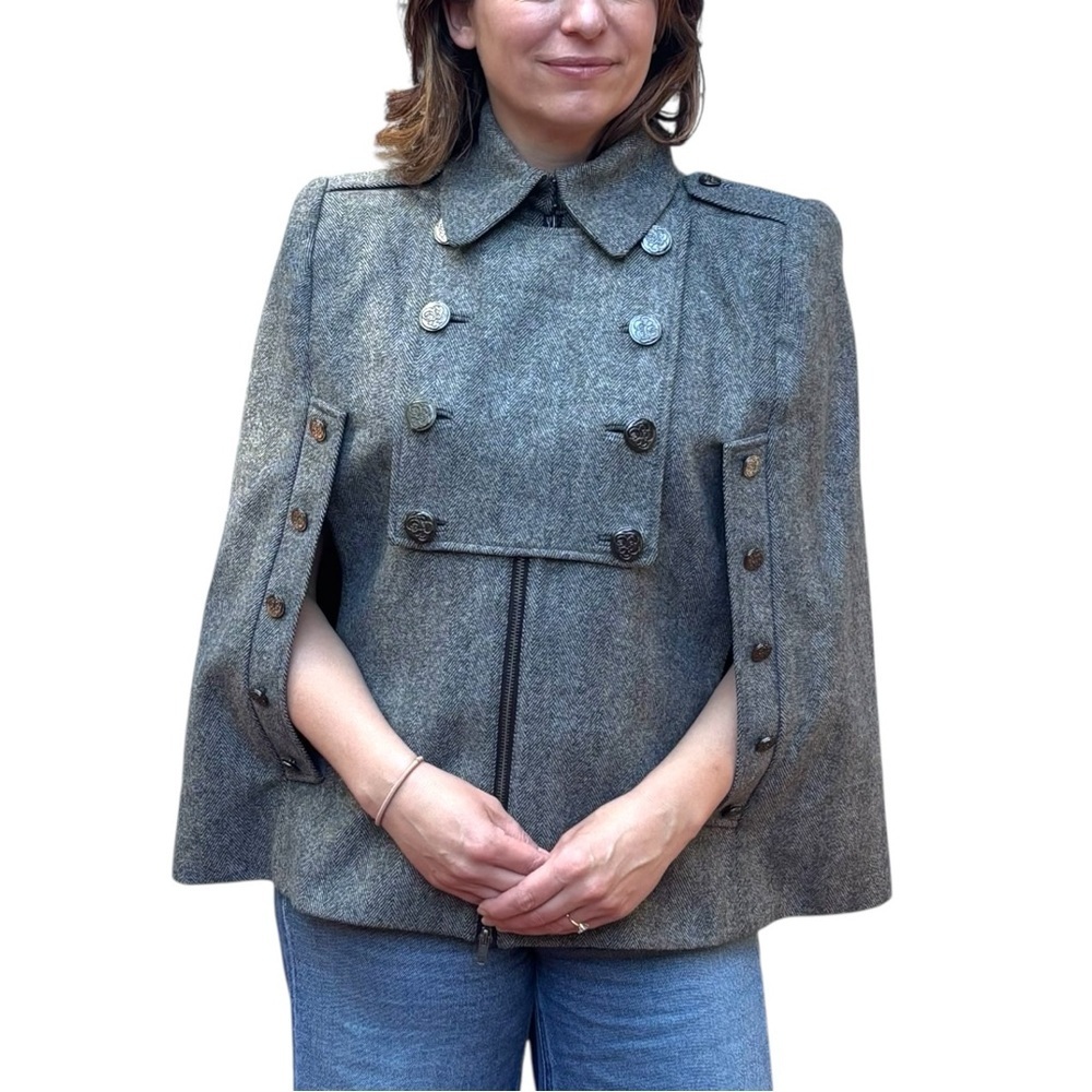 BIRD BY JUICY COUTURE Y2K ARGENT HERRINGBONE WOOL MILITARY BAND JACKET CAPE